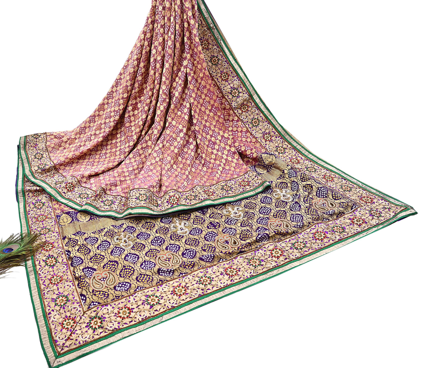 Indian Pre-Owned Sari Pink & Purple Pure silk Hand Embroidered Bandhani Gharchola Sarees Ethnic Zardozi/Dabka Zari Wedding Saree