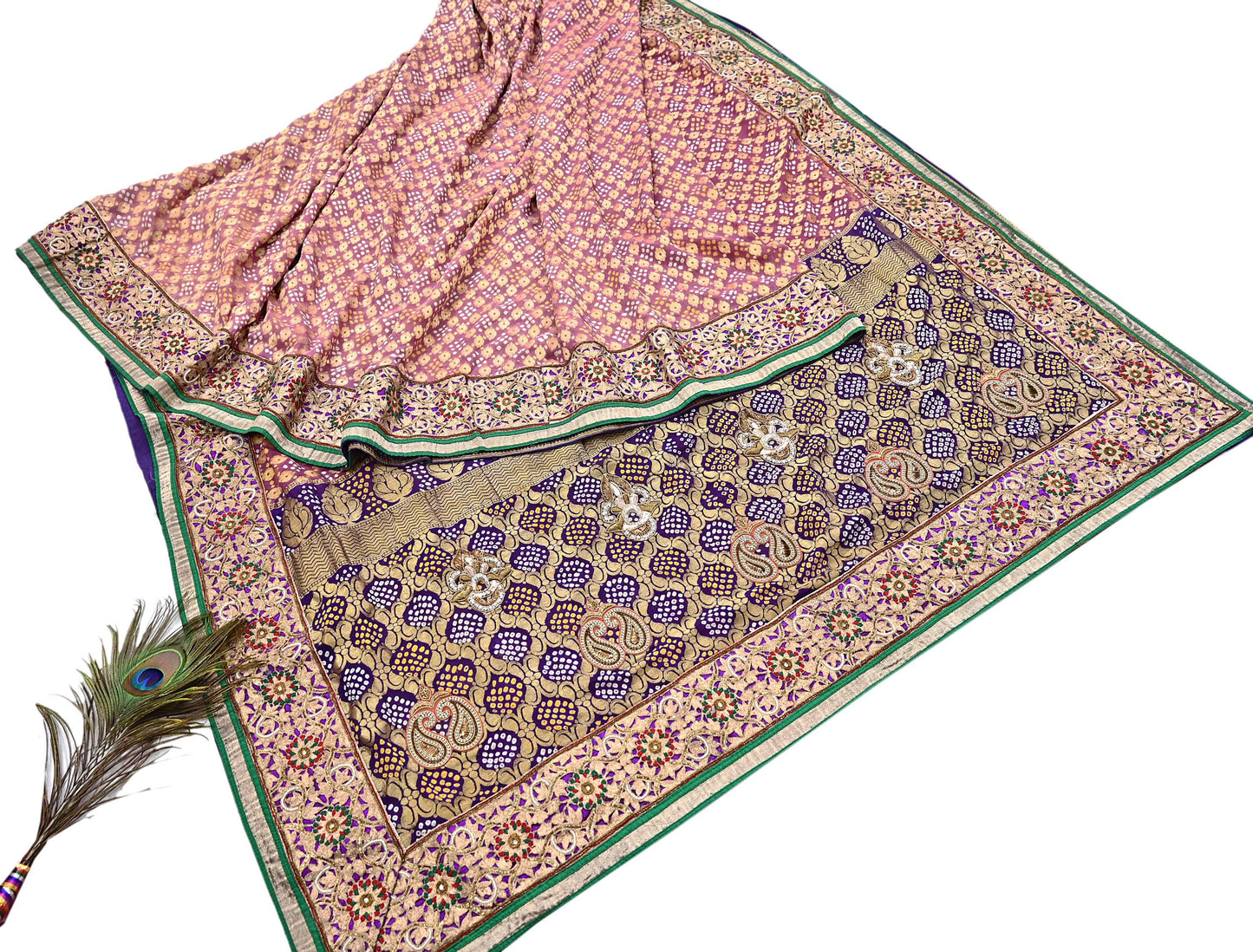 Indian Pre-Owned Sari Pink & Purple Pure silk Hand Embroidered Bandhani Gharchola Sarees Ethnic Zardozi/Dabka Zari Wedding Saree