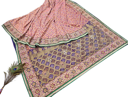 Indian Pre-Owned Sari Pink & Purple Pure silk Hand Embroidered Bandhani Gharchola Sarees Ethnic Zardozi/Dabka Zari Wedding Saree