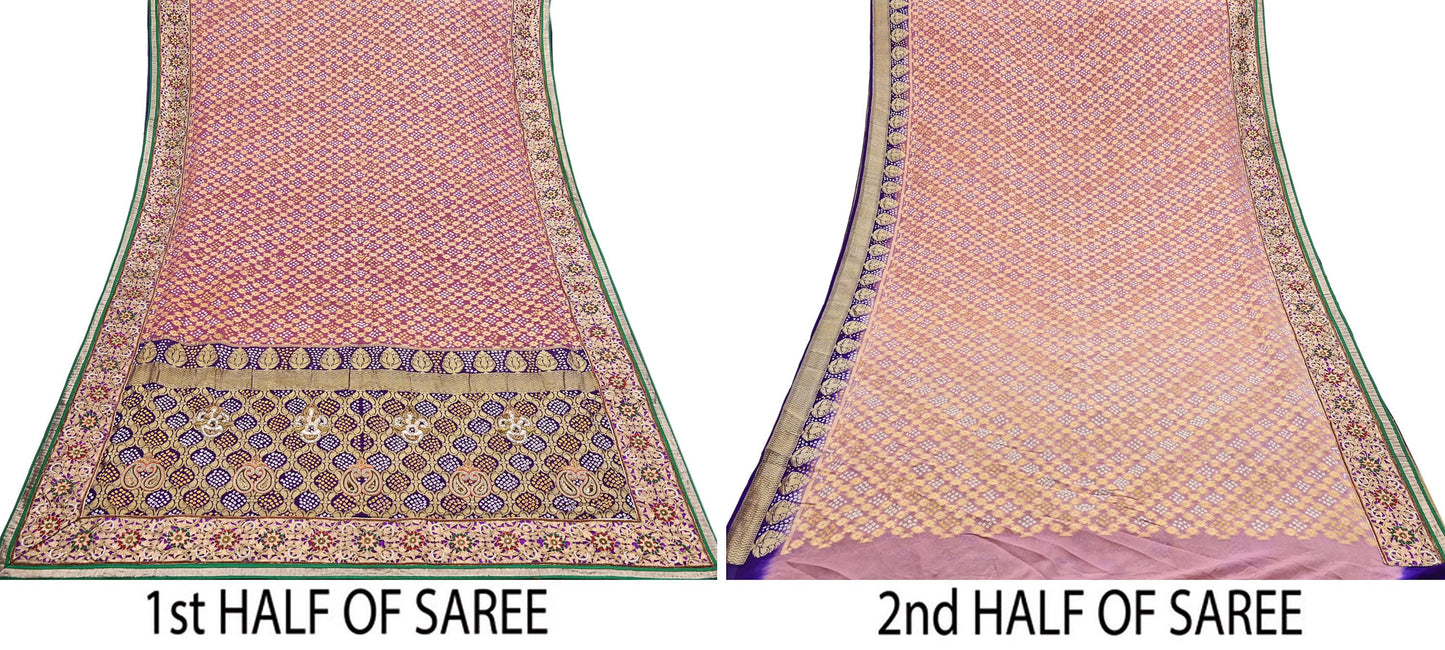 Indian Pre-Owned Sari Pink & Purple Pure silk Hand Embroidered Bandhani Gharchola Sarees Ethnic Zardozi/Dabka Zari Wedding Saree