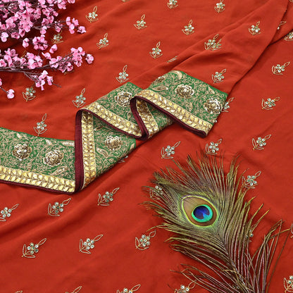 Indian Heavy Sari Orange Pure Georgette Silk Hand Embroidered Sarees Designer Sabyasachi 6Yd Sewing Ethnic Bollywood party wear saree