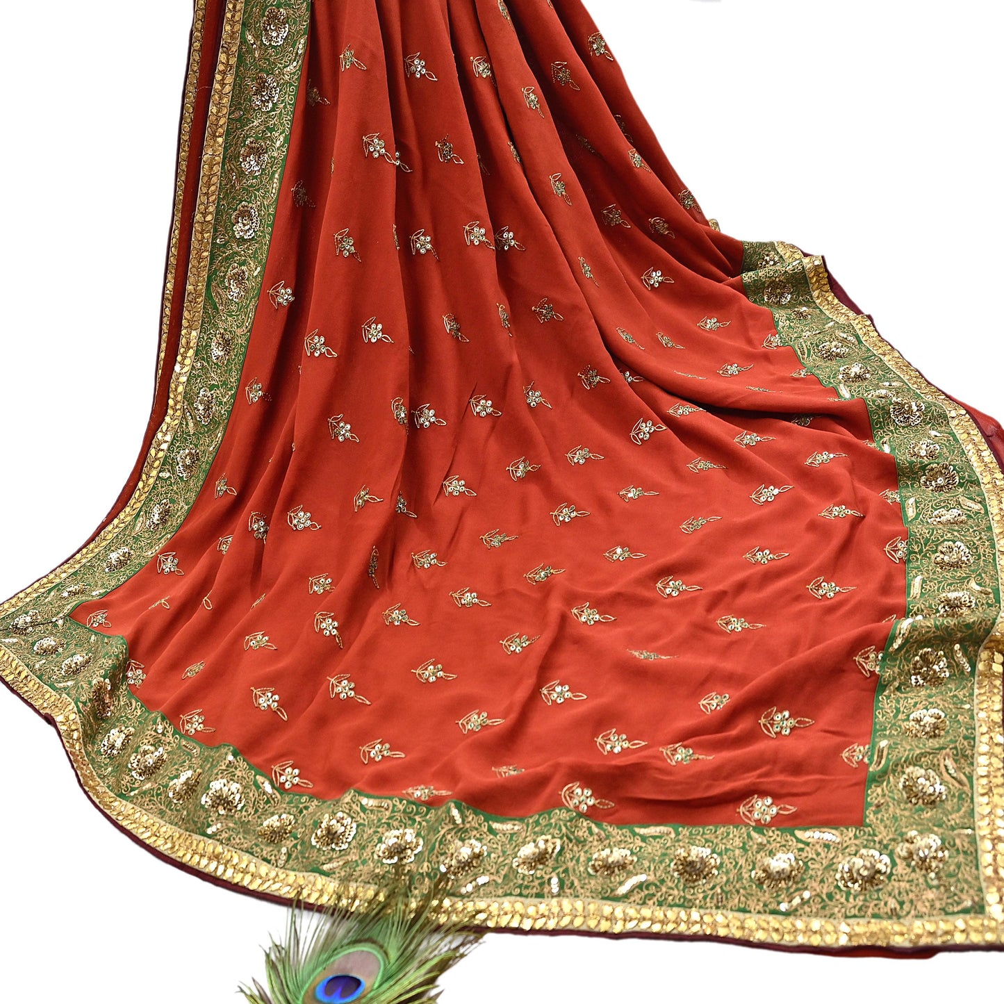 Indian Heavy Sari Orange Pure Georgette Silk Hand Embroidered Sarees Designer Sabyasachi 6Yd Sewing Ethnic Bollywood party wear saree