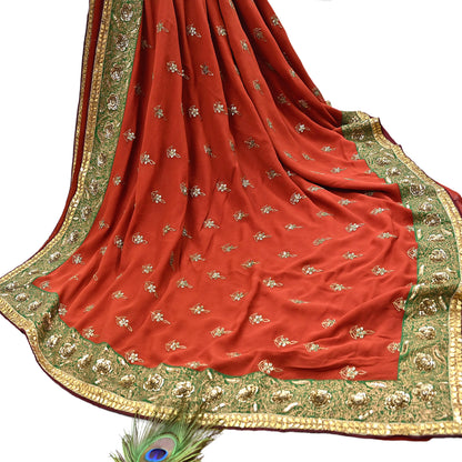 Indian Heavy Sari Orange Pure Georgette Silk Hand Embroidered Sarees Designer Sabyasachi 6Yd Sewing Ethnic Bollywood party wear saree