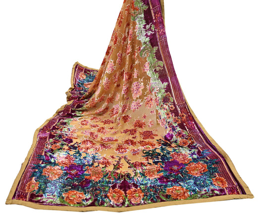 Indian Vintage Dupatta Mustard Long Stole velvet Brasso Scarves Veil Hijab Wrap Scarf Floral Boho For her For women's Bollywood stole