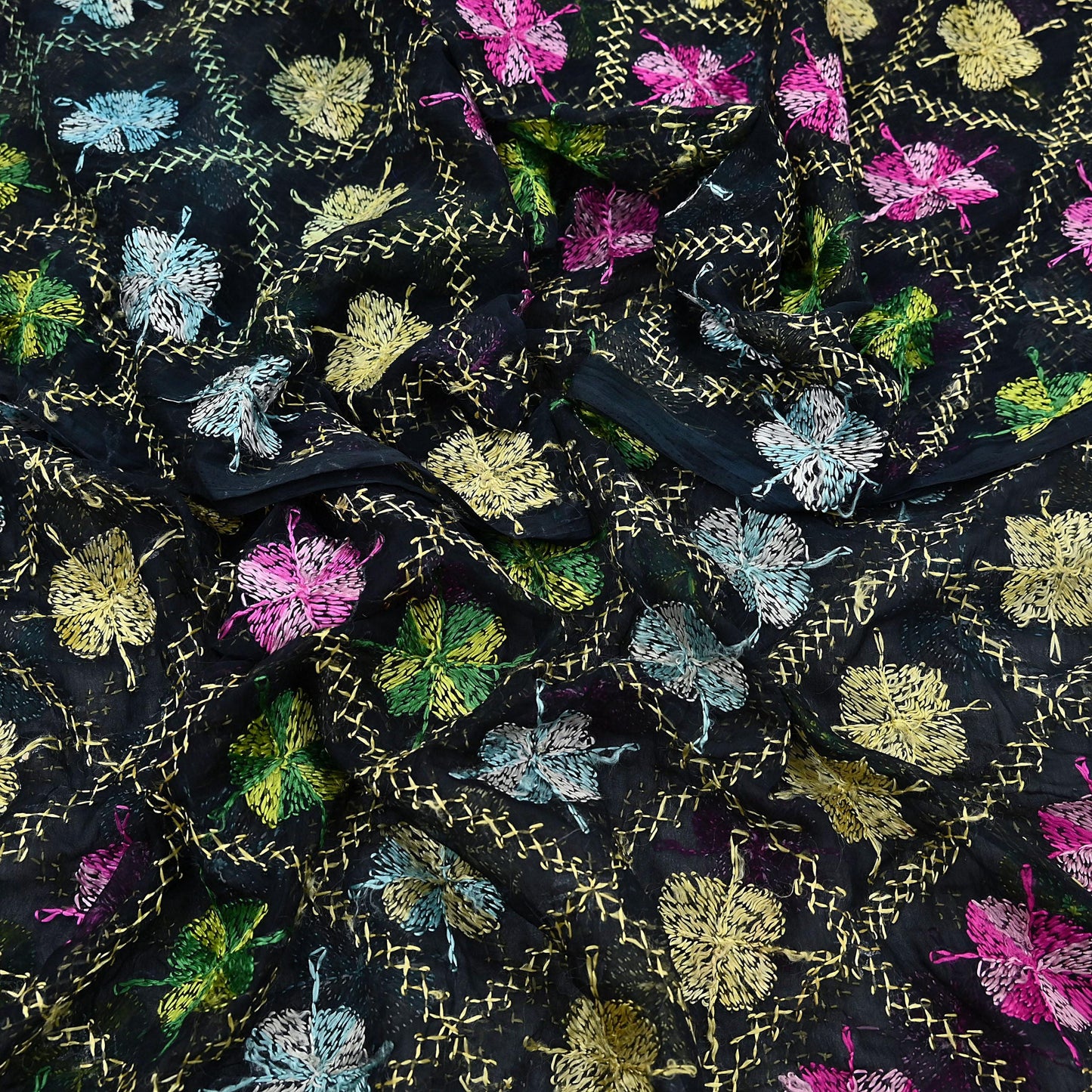 Indian Vintage Black Dupatta Long Stole Chiffon Hand Embroidered Bagh Phulkari Stole Scarves Veil soft