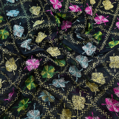 Indian Vintage Black Dupatta Long Stole Chiffon Hand Embroidered Bagh Phulkari Stole Scarves Veil soft