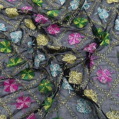 Indian Vintage Black Dupatta Long Stole Chiffon Hand Embroidered Bagh Phulkari Stole Scarves Veil soft