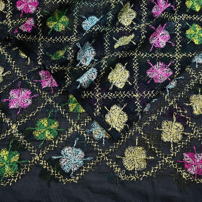 Indian Vintage Black Dupatta Long Stole Chiffon Hand Embroidered Bagh Phulkari Stole Scarves Veil soft