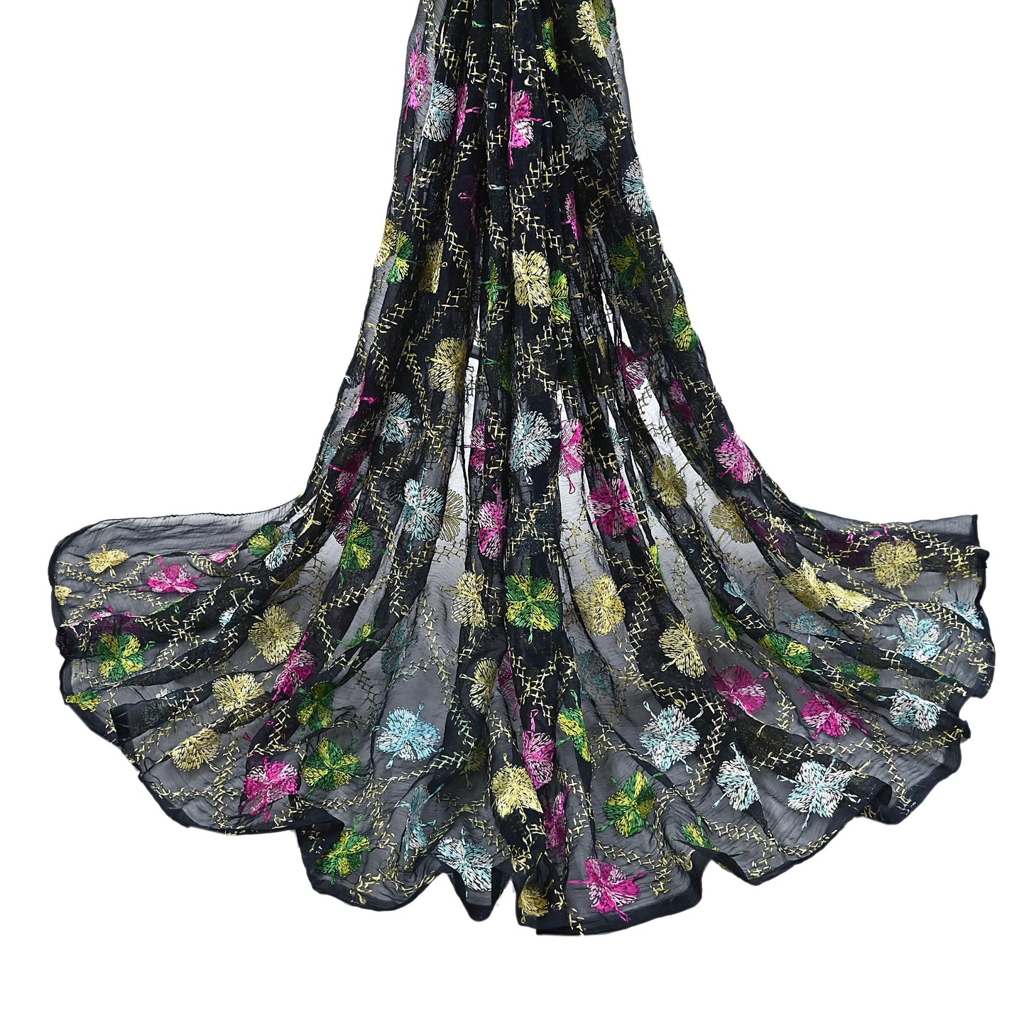 Indian Vintage Black Dupatta Long Stole Chiffon Hand Embroidered Bagh Phulkari Stole Scarves Veil soft