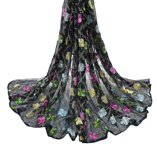 Indian Vintage Black Dupatta Long Stole Chiffon Hand Embroidered Bagh Phulkari Stole Scarves Veil soft