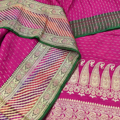 Indian Vintage Sari Heavy Wedding Pure Satin Silk Rani Pink saree Banarasi Brocade Saree Golden Zari 5Yard Fabric Ethnic Dressmaking
