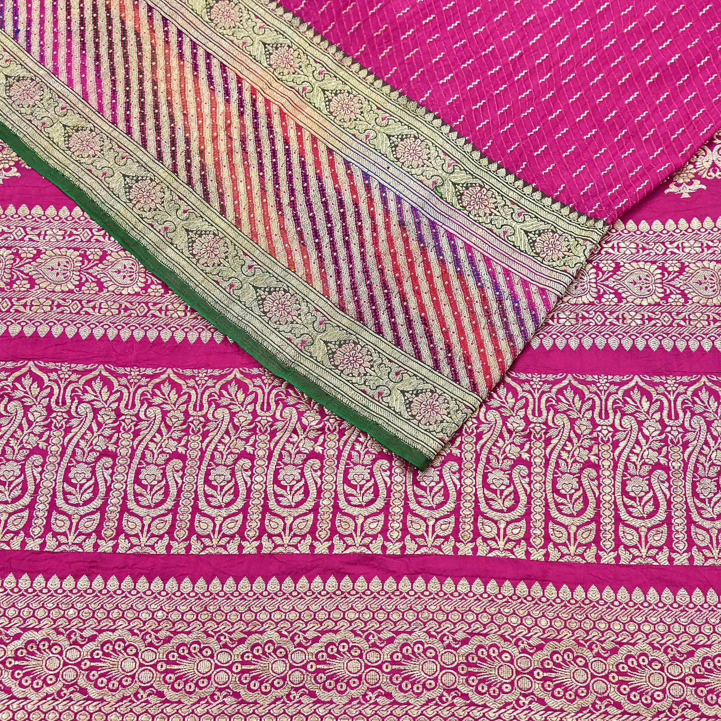 Indian Vintage Sari Heavy Wedding Pure Satin Silk Rani Pink saree Banarasi Brocade Saree Golden Zari 5Yard Fabric Ethnic Dressmaking