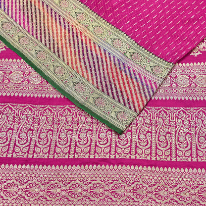 Indian Vintage Sari Heavy Wedding Pure Satin Silk Rani Pink saree Banarasi Brocade Saree Golden Zari 5Yard Fabric Ethnic Dressmaking