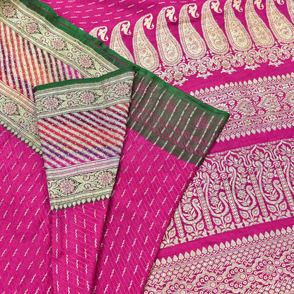 Indian Vintage Sari Heavy Wedding Pure Satin Silk Rani Pink saree Banarasi Brocade Saree Golden Zari 5Yard Fabric Ethnic Dressmaking
