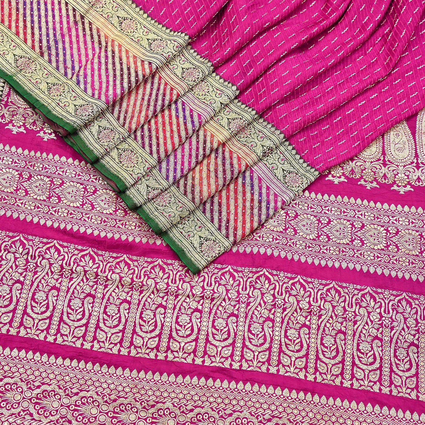 Indian Vintage Sari Heavy Wedding Pure Satin Silk Rani Pink saree Banarasi Brocade Saree Golden Zari 5Yard Fabric Ethnic Dressmaking