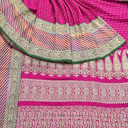 Indian Vintage Sari Heavy Wedding Pure Satin Silk Rani Pink saree Banarasi Brocade Saree Golden Zari 5Yard Fabric Ethnic Dressmaking