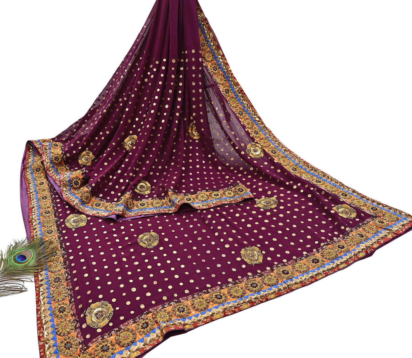 Indian Vintage Sari Purple Pure Georgette Silk Hand Embroidered manish malhotra Designer Saree Ethnic 6Yd Wedding Saree with blouse fabric