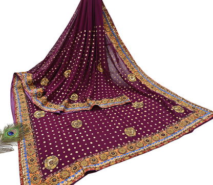 Indian Vintage Sari Purple Pure Georgette Silk Hand Embroidered manish malhotra Designer Saree Ethnic 6Yd Wedding Saree with blouse fabric