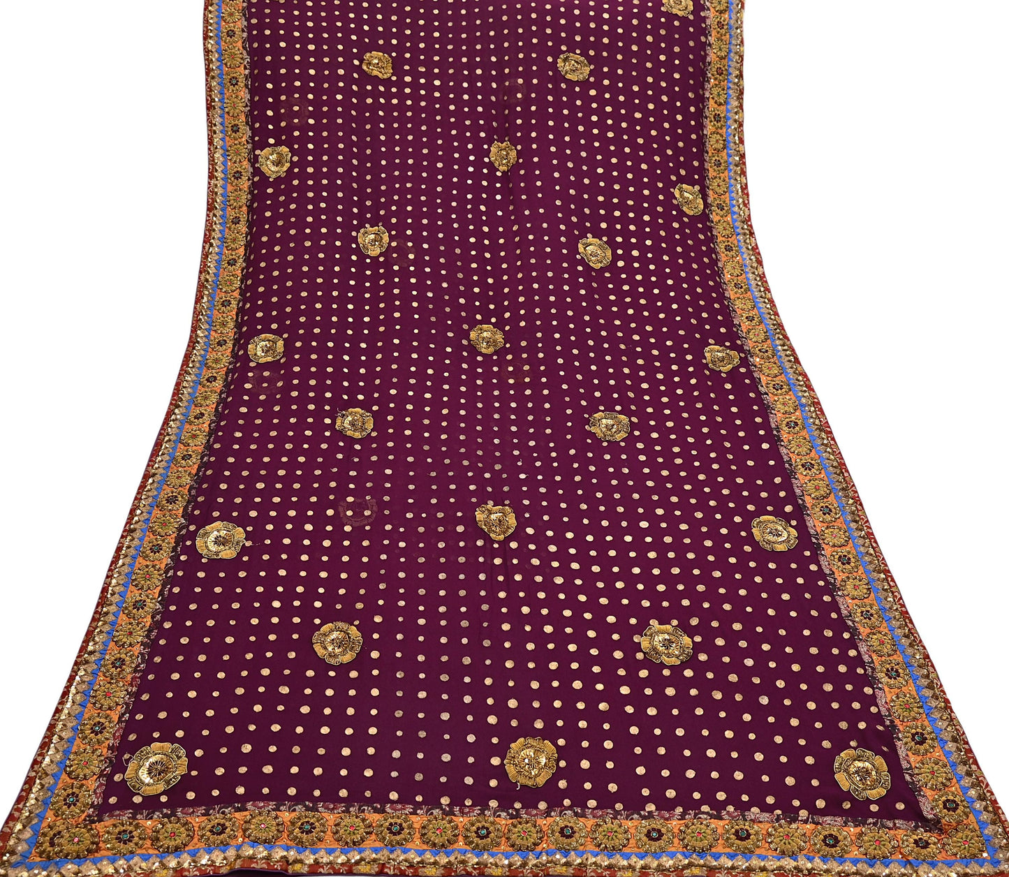 Indian Vintage Sari Purple Pure Georgette Silk Hand Embroidered manish malhotra Designer Saree Ethnic 6Yd Wedding Saree with blouse fabric