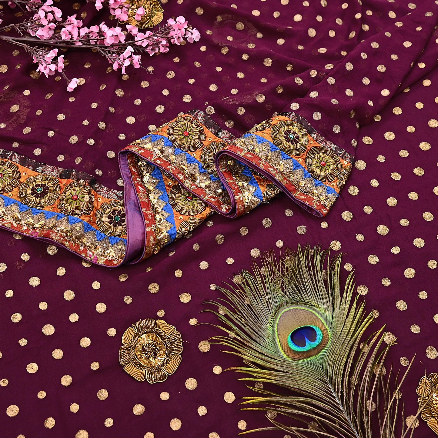 Indian Vintage Sari Purple Pure Georgette Silk Hand Embroidered manish malhotra Designer Saree Ethnic 6Yd Wedding Saree with blouse fabric