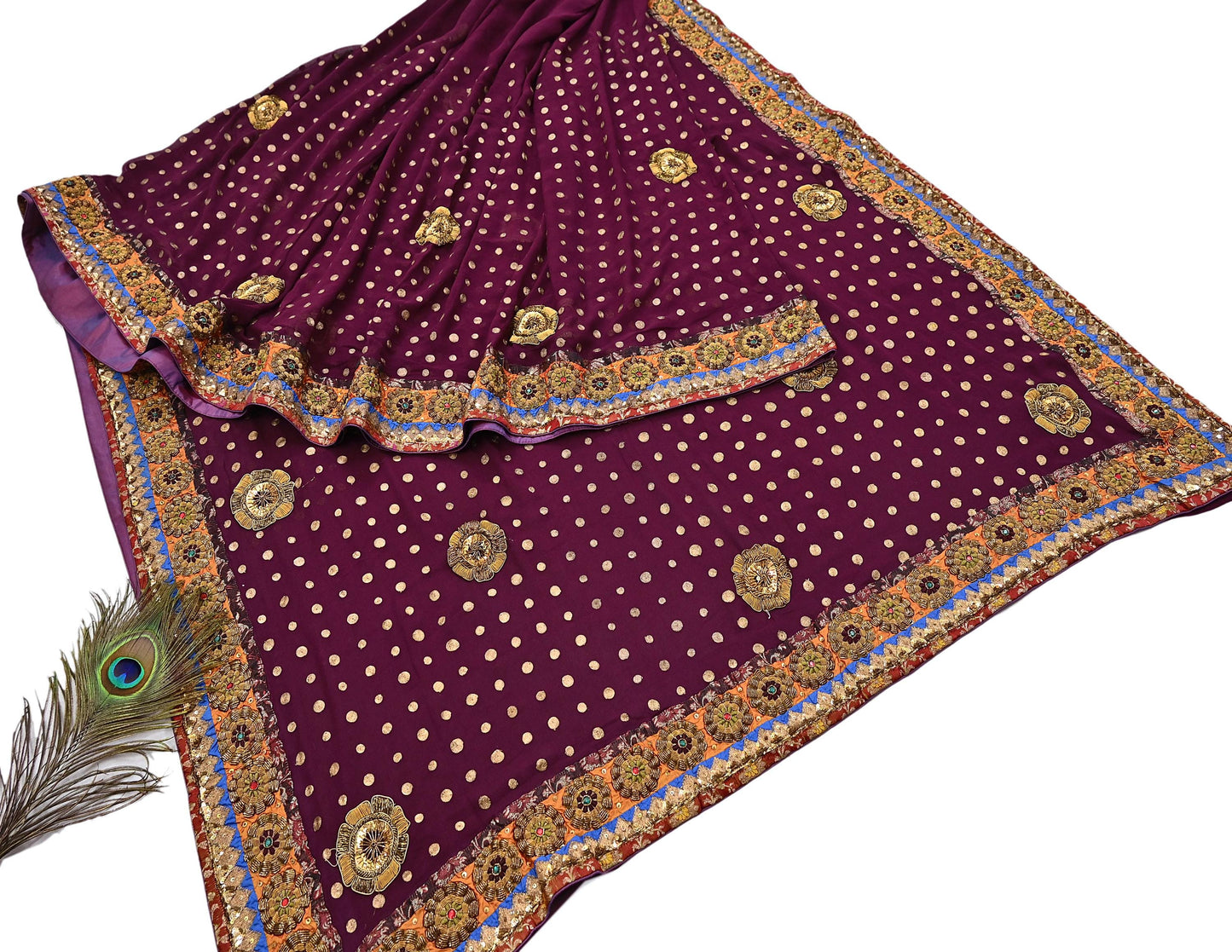 Indian Vintage Sari Purple Pure Georgette Silk Hand Embroidered manish malhotra Designer Saree Ethnic 6Yd Wedding Saree with blouse fabric