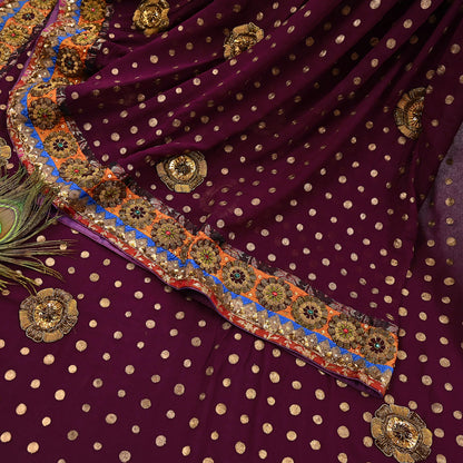 Indian Vintage Sari Purple Pure Georgette Silk Hand Embroidered manish malhotra Designer Saree Ethnic 6Yd Wedding Saree with blouse fabric