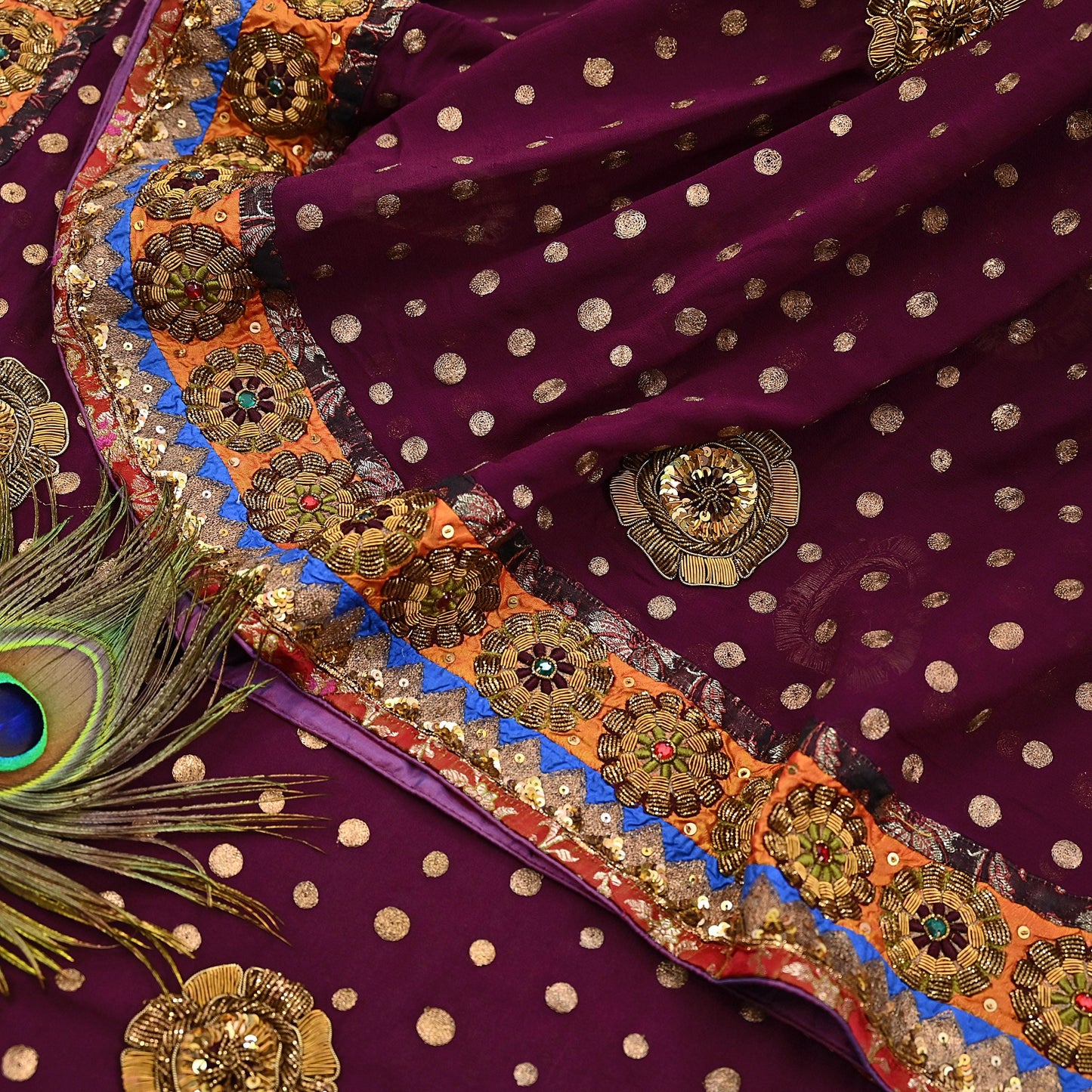 Indian Vintage Sari Purple Pure Georgette Silk Hand Embroidered manish malhotra Designer Saree Ethnic 6Yd Wedding Saree with blouse fabric