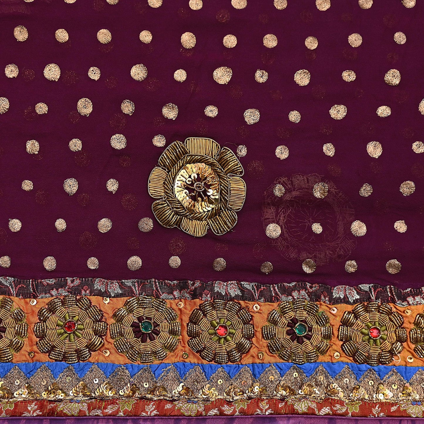 Indian Vintage Sari Purple Pure Georgette Silk Hand Embroidered manish malhotra Designer Saree Ethnic 6Yd Wedding Saree with blouse fabric