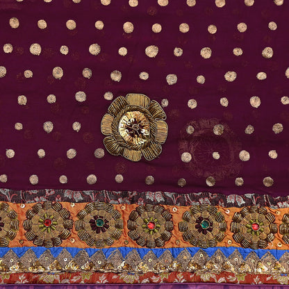Indian Vintage Sari Purple Pure Georgette Silk Hand Embroidered manish malhotra Designer Saree Ethnic 6Yd Wedding Saree with blouse fabric