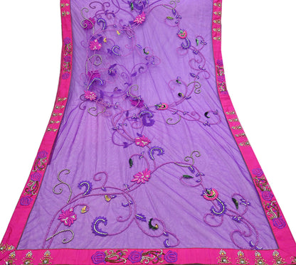 Indian Vintage Heavy Sari Purple Net/Mesh Hand Embroidered Sarees Craft Fabric 5Yd Sewing Soft Zardozi Wedding sarees