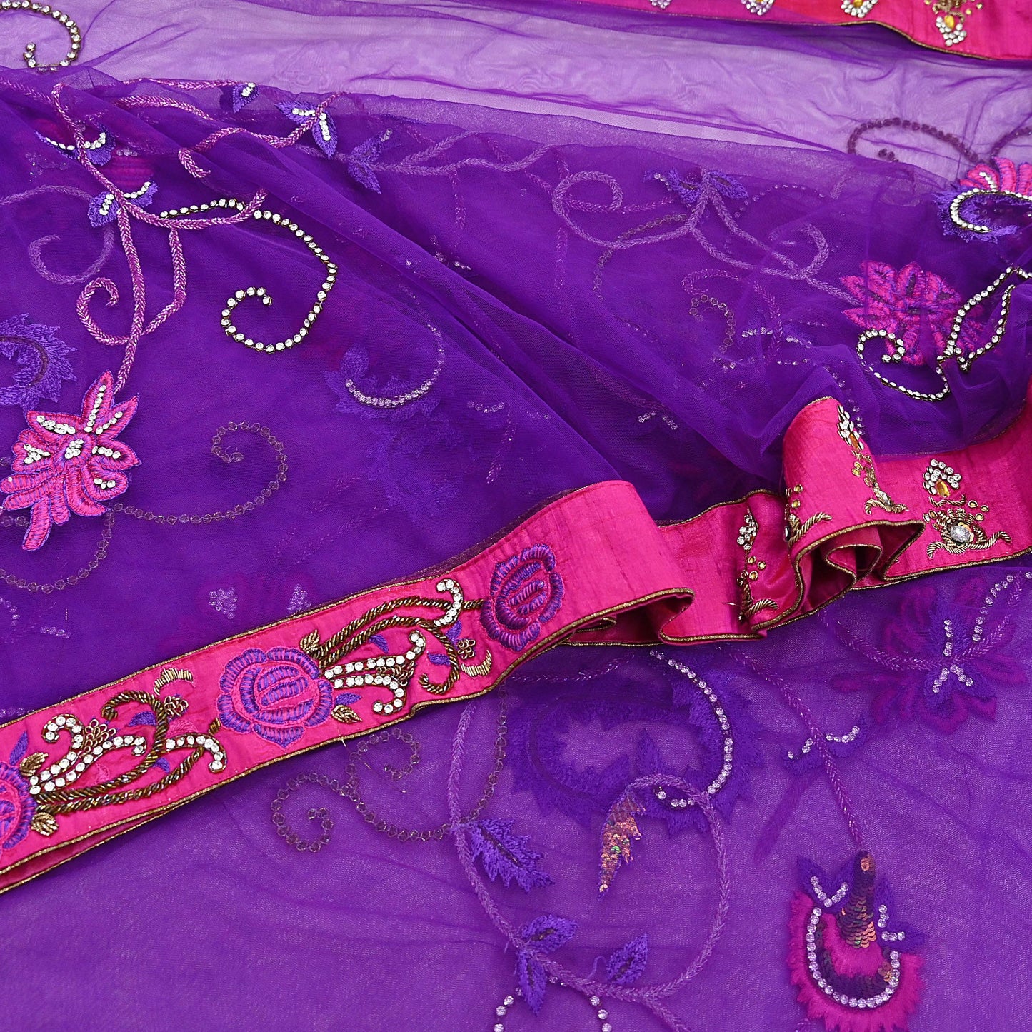 Indian Vintage Heavy Sari Purple Net/Mesh Hand Embroidered Sarees Craft Fabric 5Yd Sewing Soft Zardozi Wedding sarees