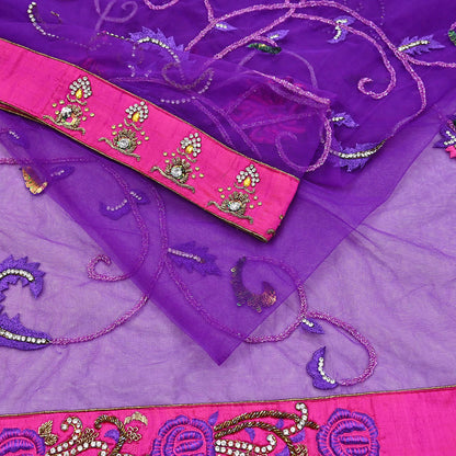 Indian Vintage Heavy Sari Purple Net/Mesh Hand Embroidered Sarees Craft Fabric 5Yd Sewing Soft Zardozi Wedding sarees