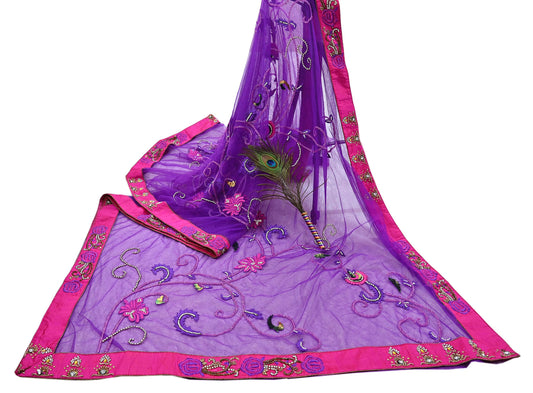 Indian Vintage Heavy Sari Purple Net/Mesh Hand Embroidered Sarees Craft Fabric 5Yd Sewing Soft Zardozi Wedding sarees