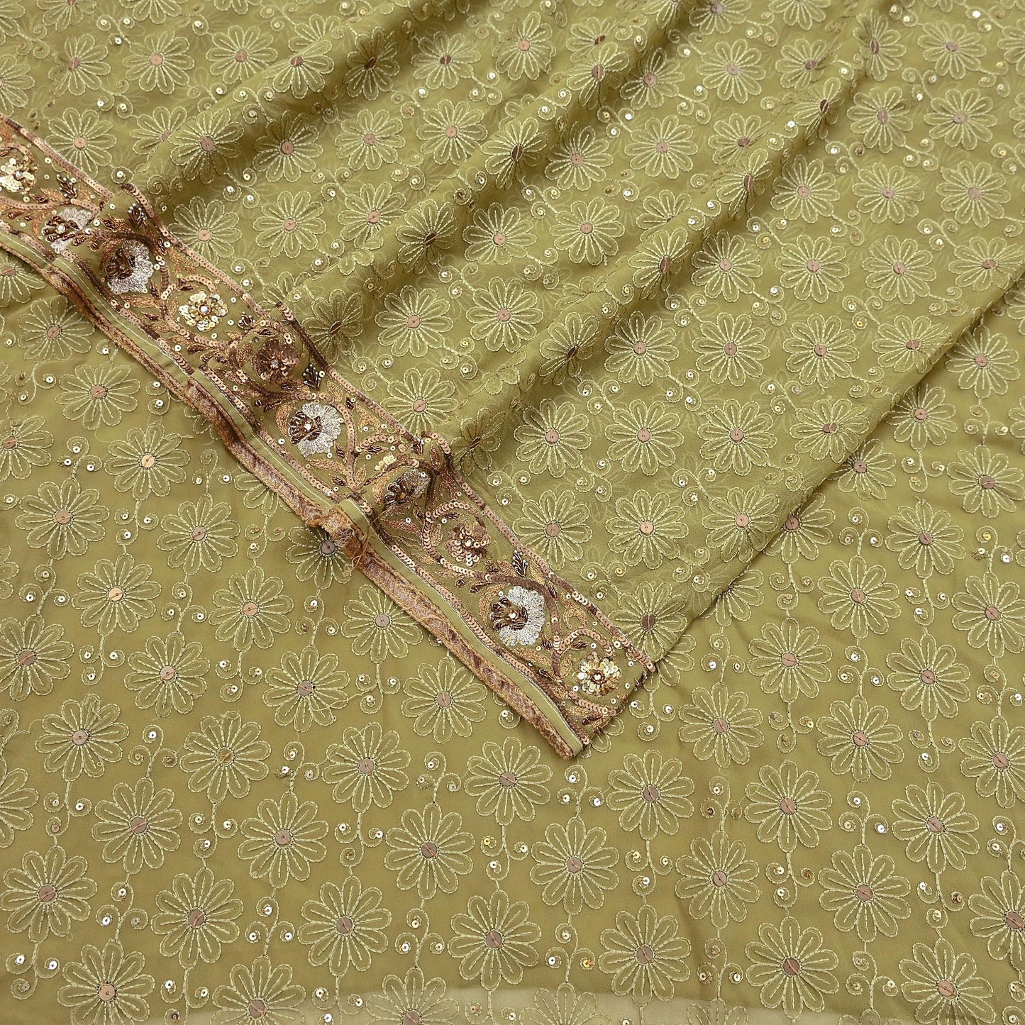 Indian Vintage Heavy Green Saree Georgette Embroidered Sari Craft Fabric 5Yd Sewing Soft Ethnic Zari Dress Making wedding Sari