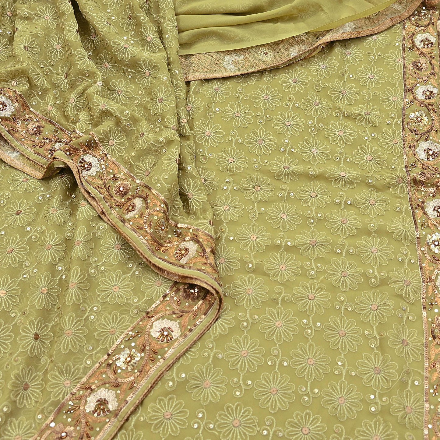 Indian Vintage Heavy Green Saree Georgette Embroidered Sari Craft Fabric 5Yd Sewing Soft Ethnic Zari Dress Making wedding Sari