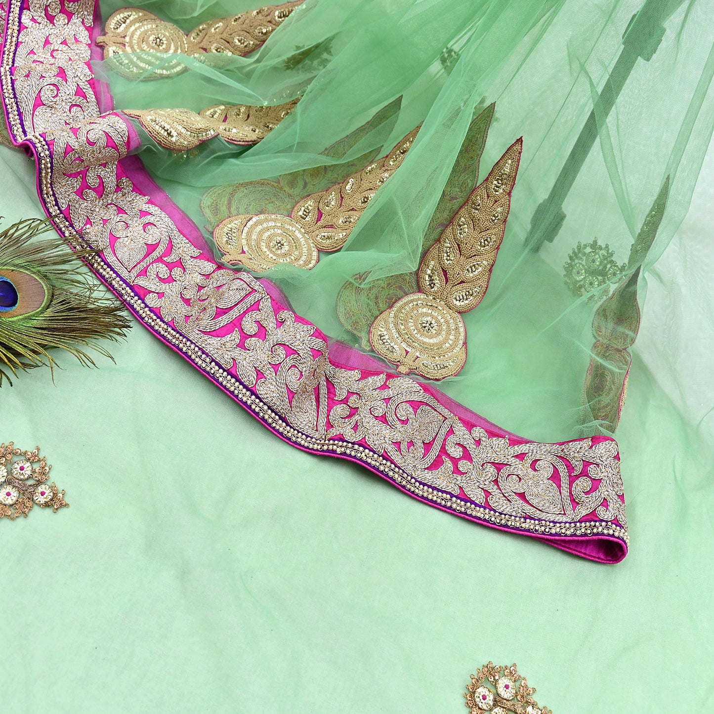 Indian New Heavy Sari Green Net/Mesh Hand Embroidered Designer Manish Malhotra Sarees 6Yd Ethnic Zardozi/Dabka Zari With Blouse Fabric