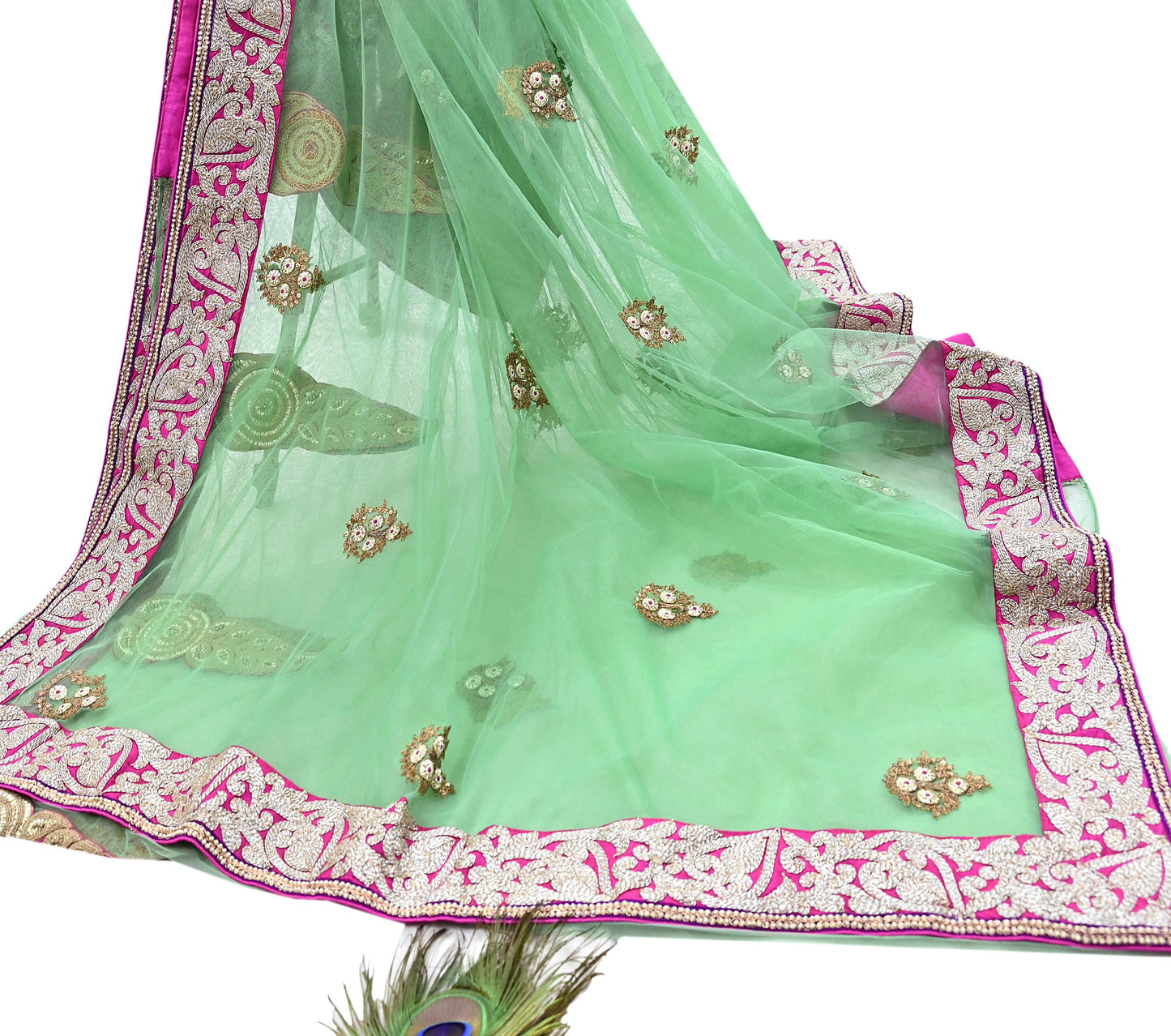Indian New Heavy Sari Green Net/Mesh Hand Embroidered Designer Manish Malhotra Sarees 6Yd Ethnic Zardozi/Dabka Zari With Blouse Fabric
