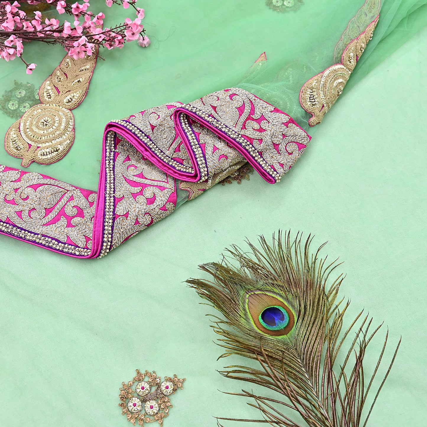 Indian New Heavy Sari Green Net/Mesh Hand Embroidered Designer Manish Malhotra Sarees 6Yd Ethnic Zardozi/Dabka Zari With Blouse Fabric