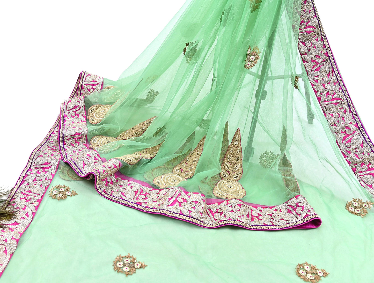 Indian New Heavy Sari Green Net/Mesh Hand Embroidered Designer Manish Malhotra Sarees 6Yd Ethnic Zardozi/Dabka Zari With Blouse Fabric