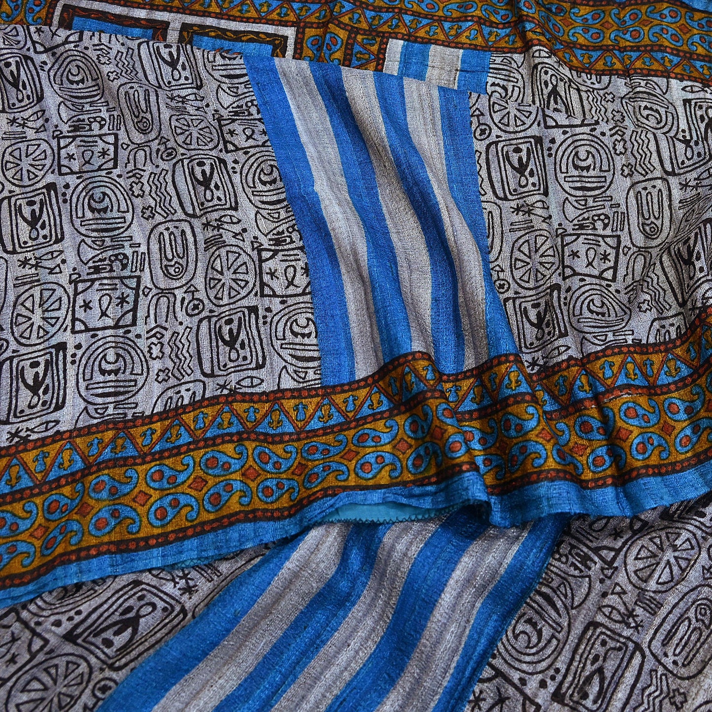 Indian Vintage Gray & Blue Saree Pure Khadi Silk Handloom Printed Sari Fabric 5yd Ethnic Wear Sari Floral Designs Dress making Crafting