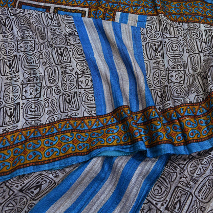 Indian Vintage Gray & Blue Saree Pure Khadi Silk Handloom Printed Sari Fabric 5yd Ethnic Wear Sari Floral Designs Dress making Crafting