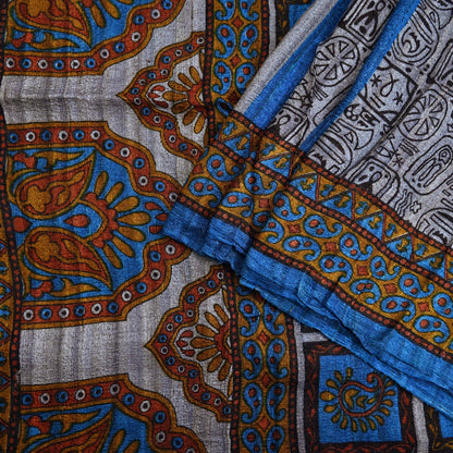 Indian Vintage Gray & Blue Saree Pure Khadi Silk Handloom Printed Sari Fabric 5yd Ethnic Wear Sari Floral Designs Dress making Crafting