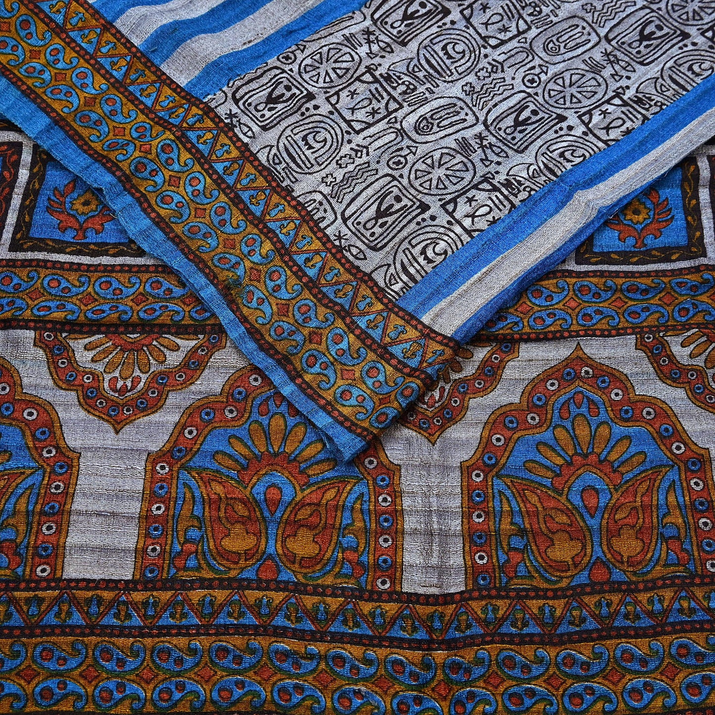 Indian Vintage Gray & Blue Saree Pure Khadi Silk Handloom Printed Sari Fabric 5yd Ethnic Wear Sari Floral Designs Dress making Crafting