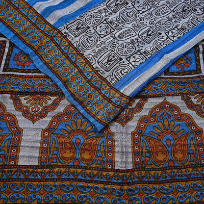 Indian Vintage Gray & Blue Saree Pure Khadi Silk Handloom Printed Sari Fabric 5yd Ethnic Wear Sari Floral Designs Dress making Crafting