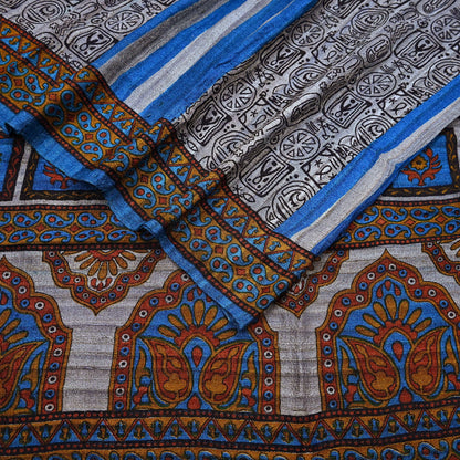 Indian Vintage Gray & Blue Saree Pure Khadi Silk Handloom Printed Sari Fabric 5yd Ethnic Wear Sari Floral Designs Dress making Crafting