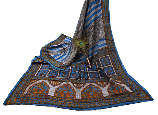 Indian Vintage Gray & Blue Saree Pure Khadi Silk Handloom Printed Sari Fabric 5yd Ethnic Wear Sari Floral Designs Dress making Crafting