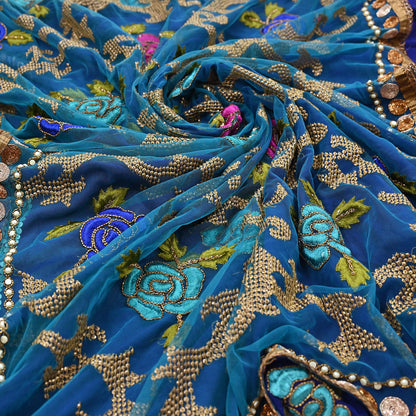 Indian Vintage Sari Blue Net/ Pure Georgette Silk Hand Embroidered Anamika Khanna Designer Sarees Ethnic 6Yd Dabka Zari Wedding Sarees