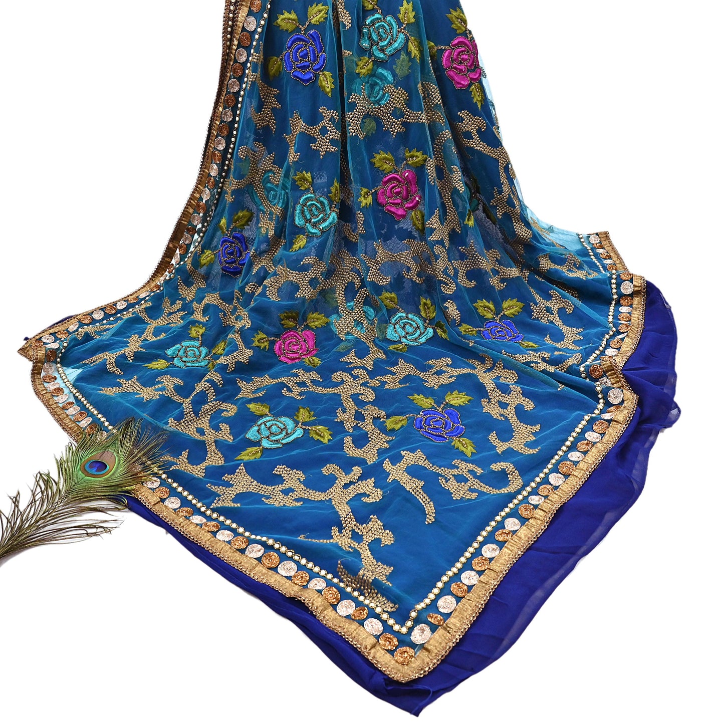 Indian Vintage Sari Blue Net/ Pure Georgette Silk Hand Embroidered Anamika Khanna Designer Sarees Ethnic 6Yd Dabka Zari Wedding Sarees