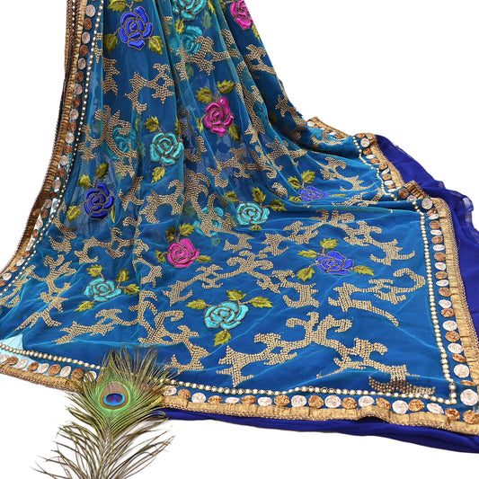 Indian Vintage Sari Blue Net/ Pure Georgette Silk Hand Embroidered Anamika Khanna Designer Sarees Ethnic 6Yd Dabka Zari Wedding Sarees