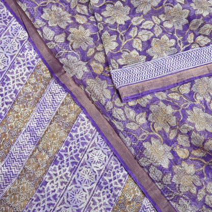 Indian Vintage Sari Purple & Ivory Pure Silk Block Printed Sarees Craft Fabric 6Yd Floral Dress making bollywood silk sarees